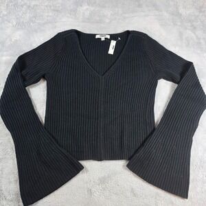 Madewell Women M Black Merino Wool Ribbed V-Neck Flared Bell Sleeve Crop Sweater